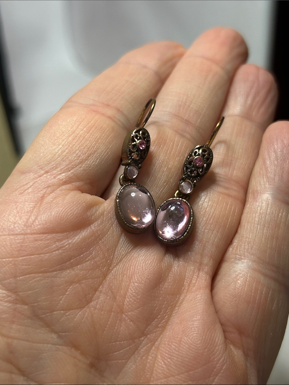 Avon Pink Glass Drop Earrings with Antique-Finish Metal